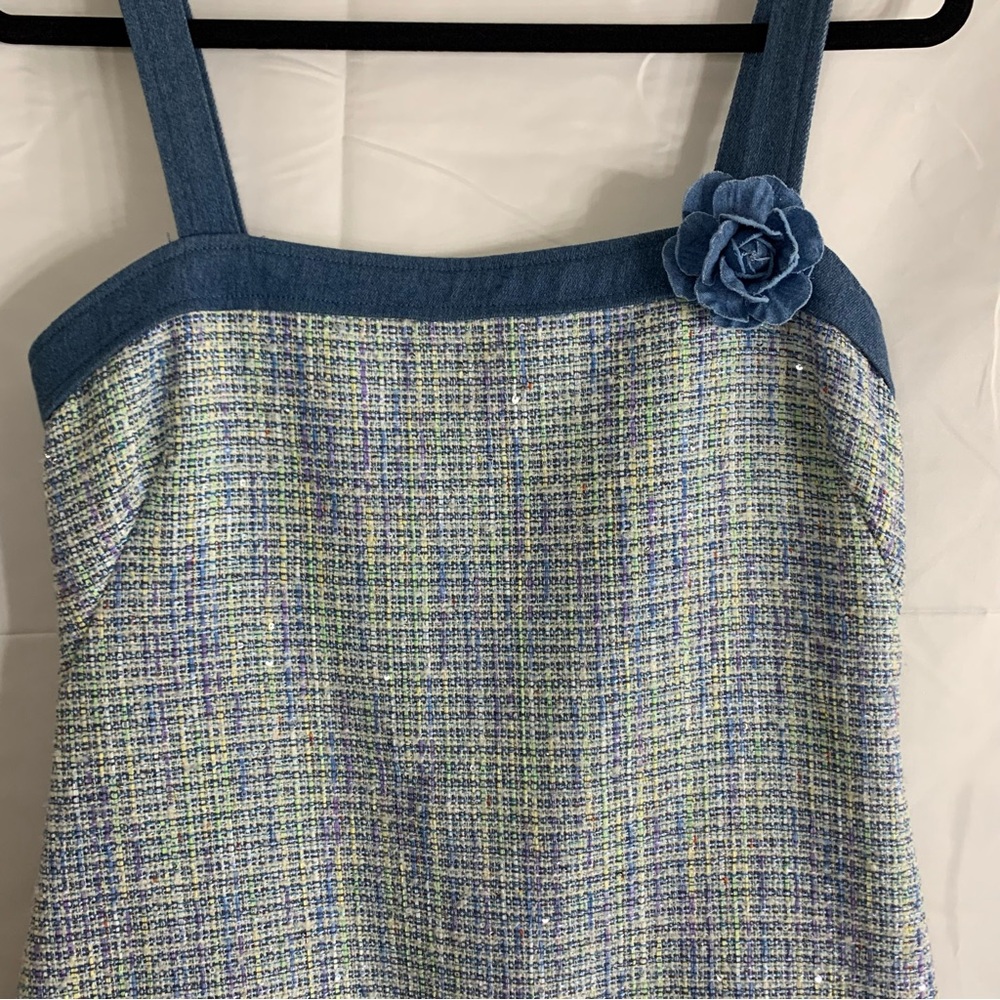 NWT City Vibe Flat Strap Denim and Plaid Wool Blend Short Sheath Dress, size 9 - Picture 5 of 14